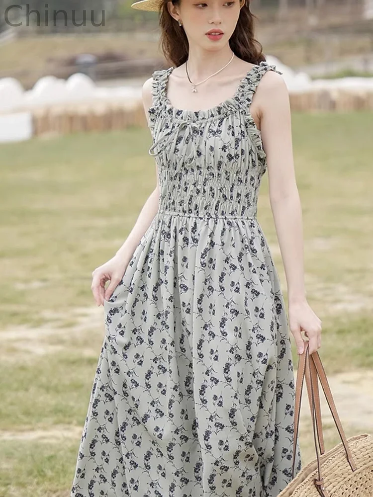 Retro Floral Suspender Skirt - Gray