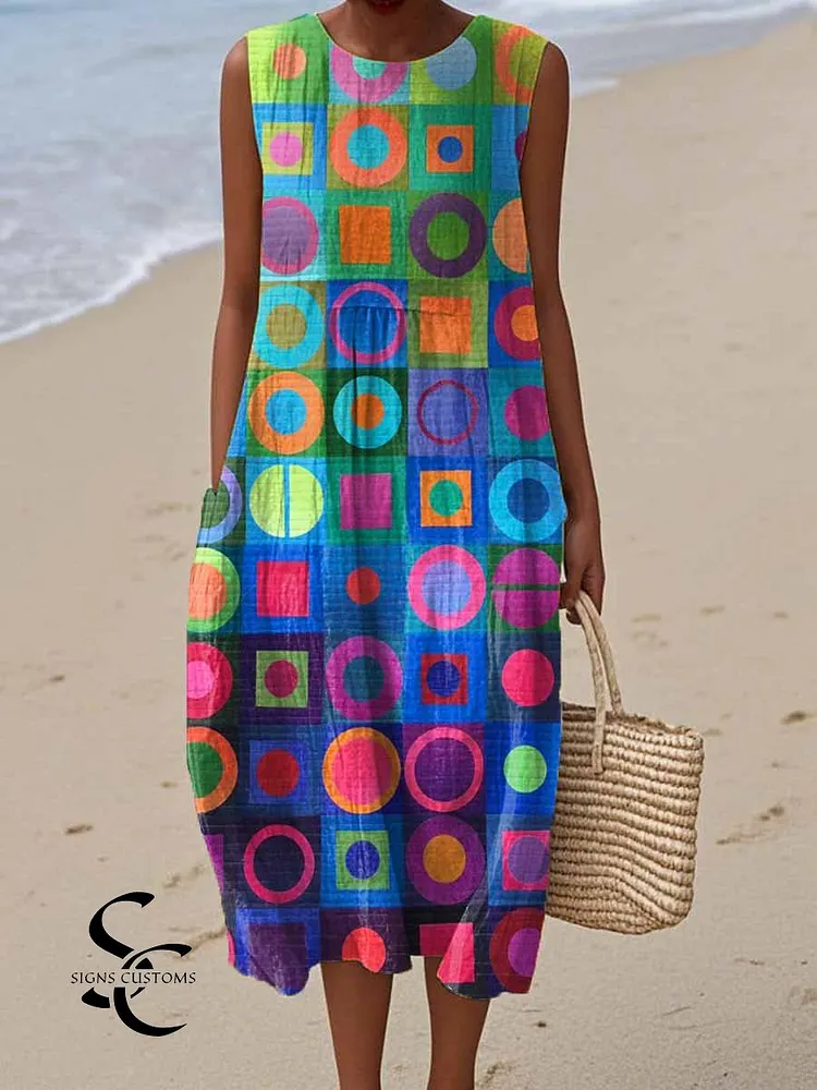 Women's Abstract Geometric Pattern Art Print Sleeveless Cotton Pocket Wrap Dress
