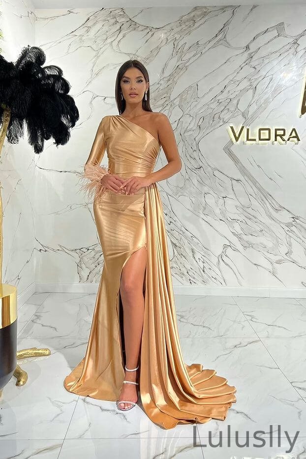 Luluslly One Shoulder Long Sleeves Prom Dress Mermaid Slit With Ruffle