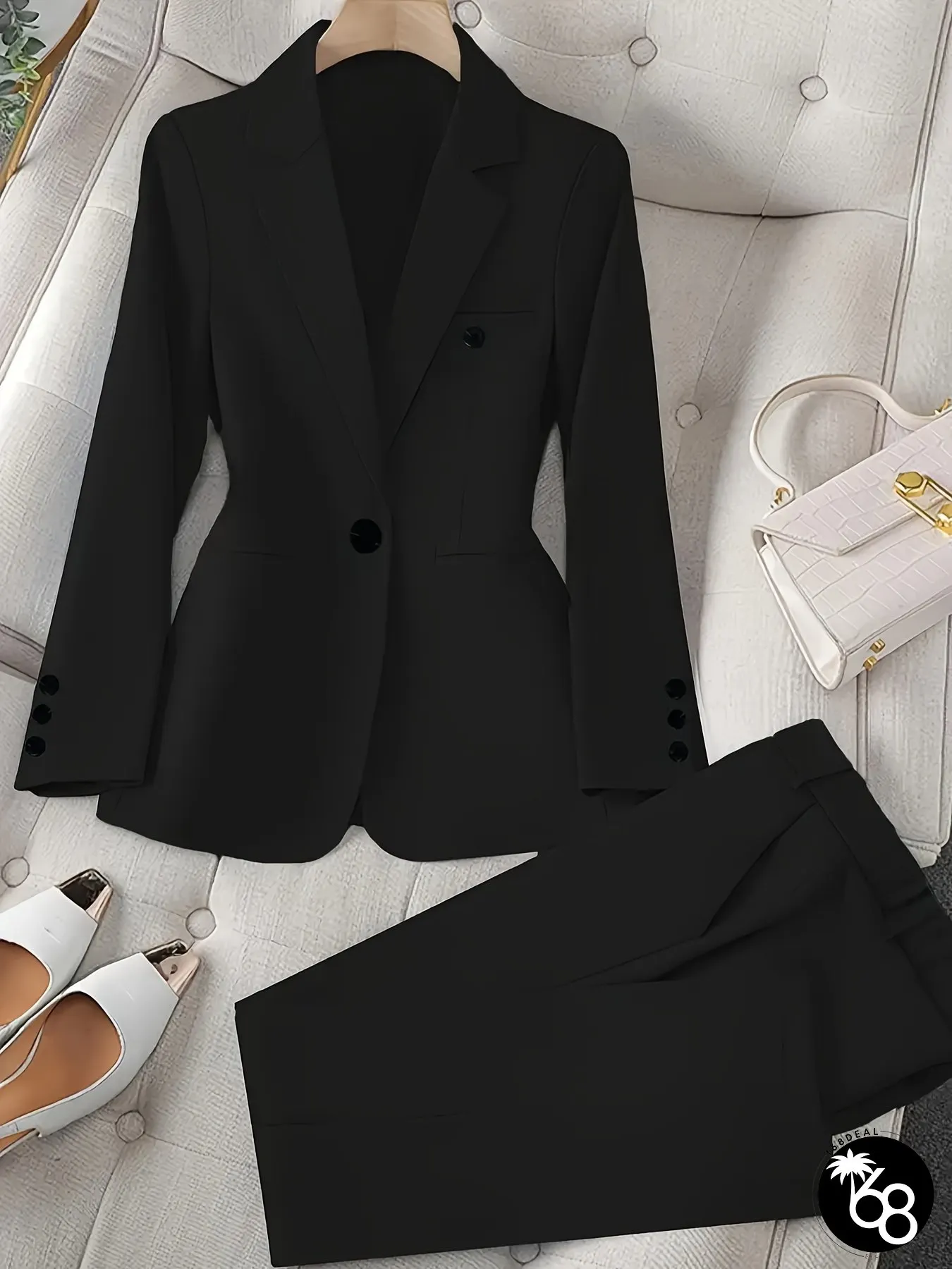 Womens Office Suit Minimalist Blazer Wide Leg Pants Set Solid Color Casual Style Perfect | 168DEAL