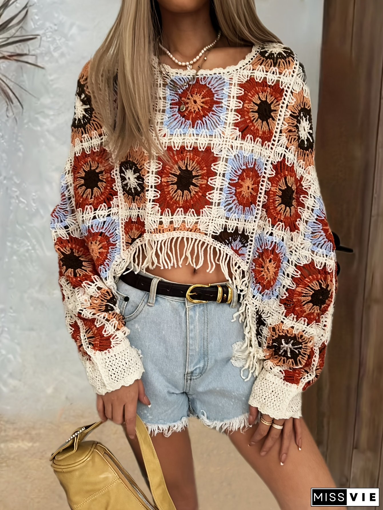 Bohemian Style Crochet Knit Cover-Up, Color Block Tassel Fringe Shawl Top, Elegant Crew Neck Beachwear for Women, Polyester 100%, Spring/Summer Collection, 160g/m&sup2; Fabric Weight