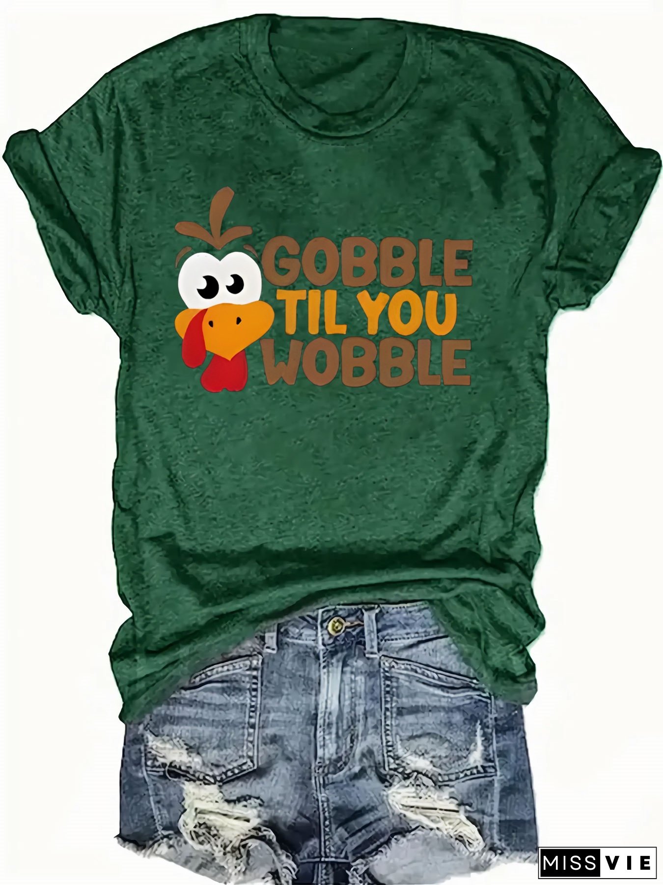 Women's "Gobble Til You Wobble" Graphic Tee - Casual Gray Crew Neck Short Sleeve Top with Thanksgiving Turkey Design, Lightweight Polyester, Machine Washable