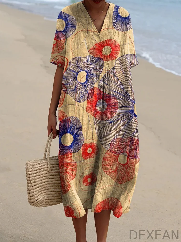 Women's Vintage Abstract Striped Floral Pattern Art Print Flowy Dress