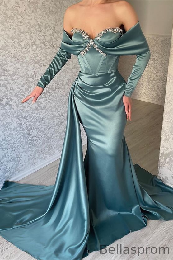 Bellasprom Long Sleeves Off-the-Shoulder Prom Dress Mermaid Ruffles With Beads Bellasprom