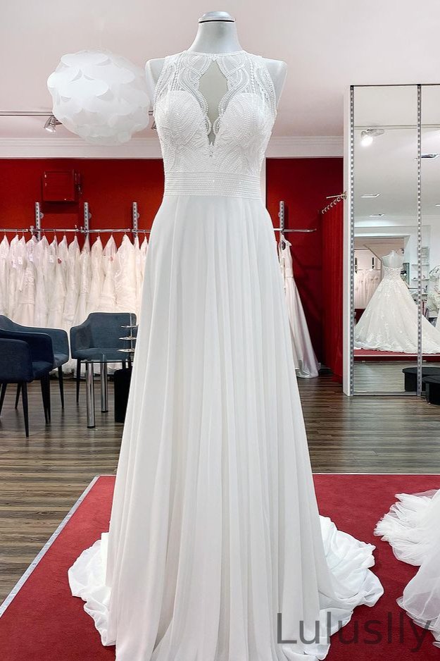 Luluslly Fabulous Long Chffon Jewel Open Back Wedding Dress With Ruffles Appliques