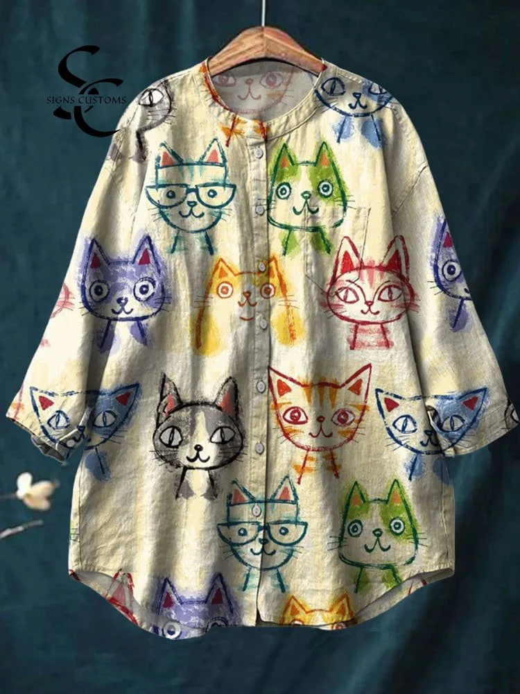 Women's Cute Cat Print Casual Cotton And Linen Shirt