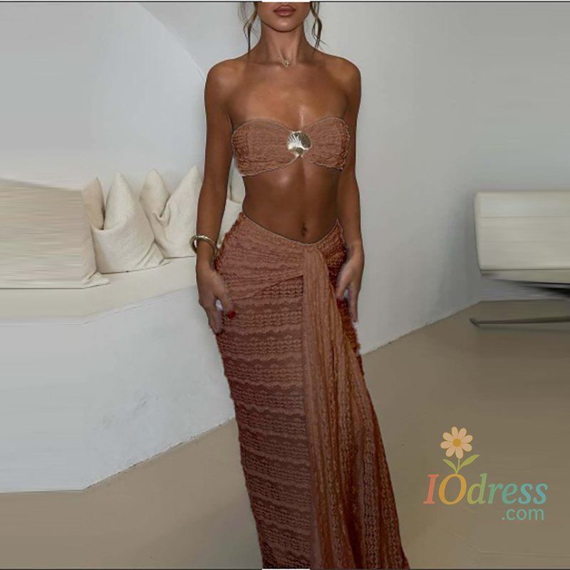 IO Dress Sexy Solid Hollow Out Swimsuits Outfits Casual Beach Vacation Bathing Suit Set Summer Lace Jacquard Bra&Half Skirts Bikini Sets