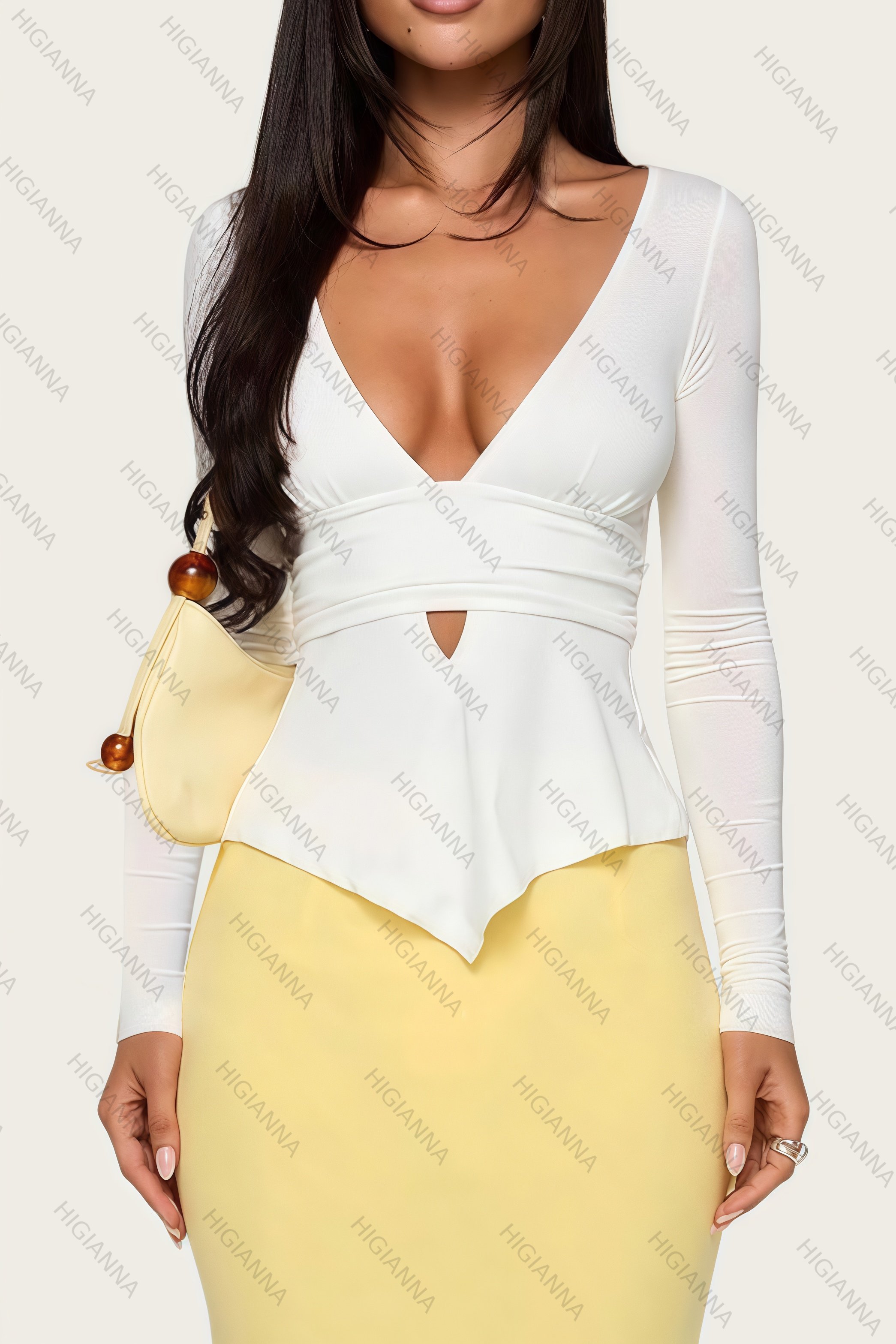 Deep V-Neck Cutout Peplum Long Sleeve Top - HIGIANNA&reg;