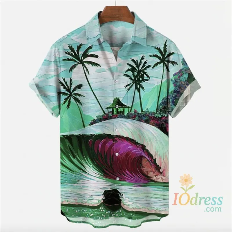 IO Menswear Tropical Palm 3d Print Hawaiian Shirt For Men Summer Beach Street Short Sleeves Tops Harajuku Holiday Lapel Button Loose Blouse