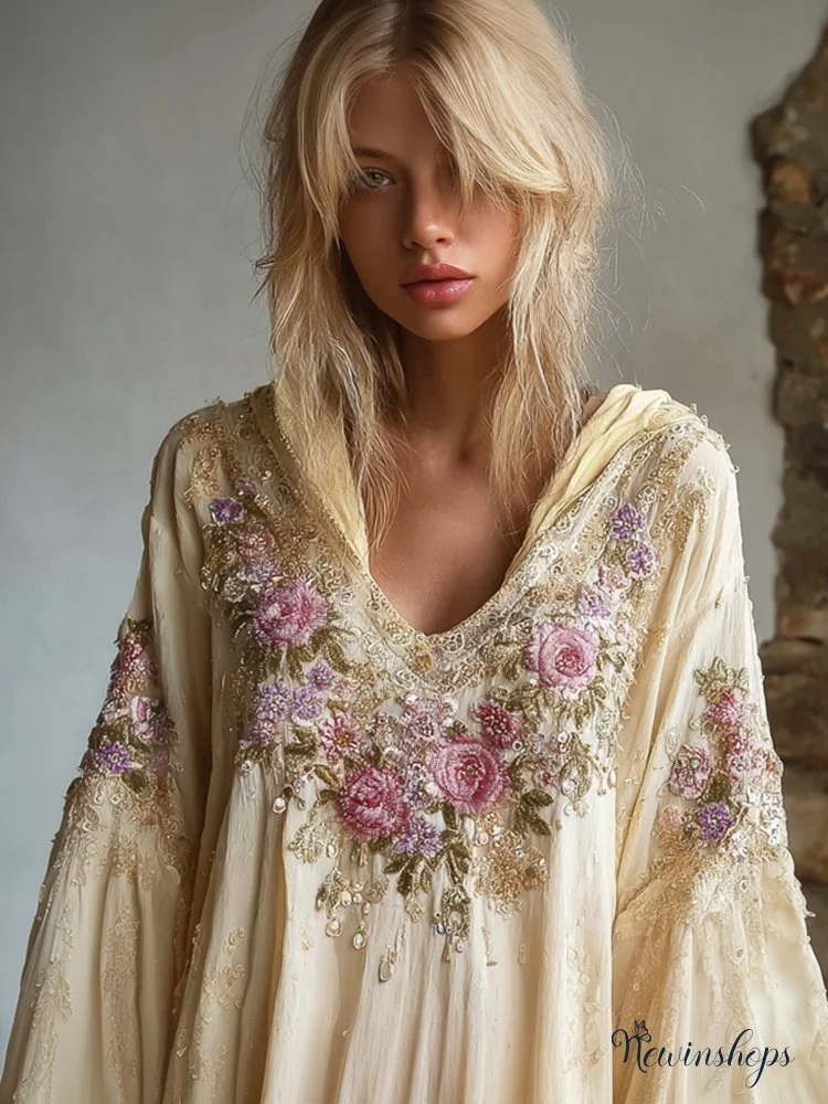 Boho Floral Embroidery Women's Linen Hoodie