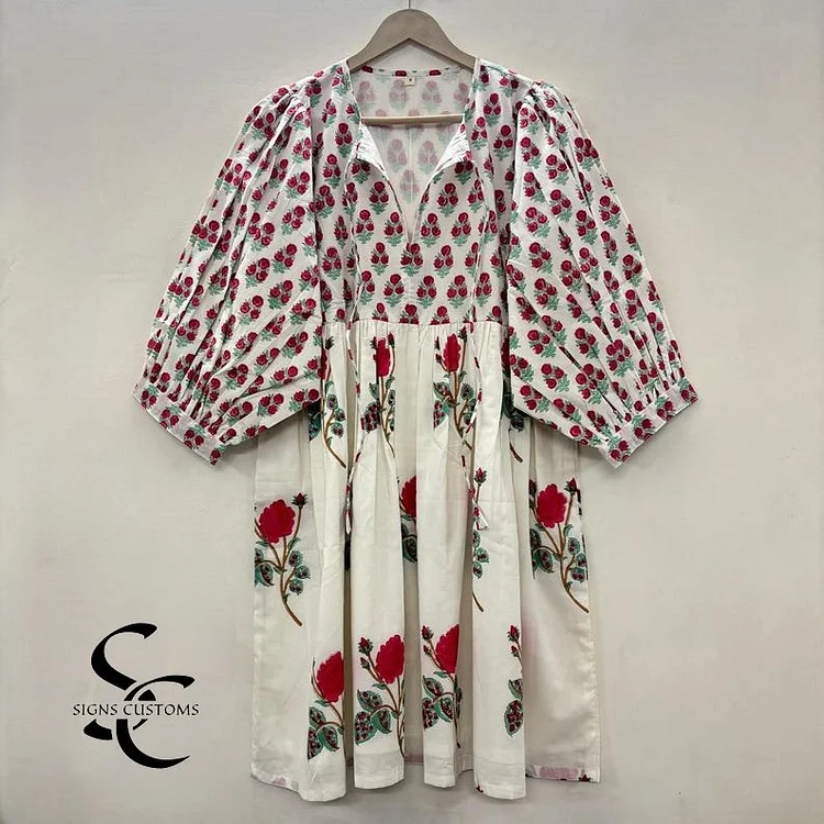 Floral Hand Block Print Woman Midi Dress &ndash; Bohemian Cotton Tunic for Women with String Closure & Full Lining