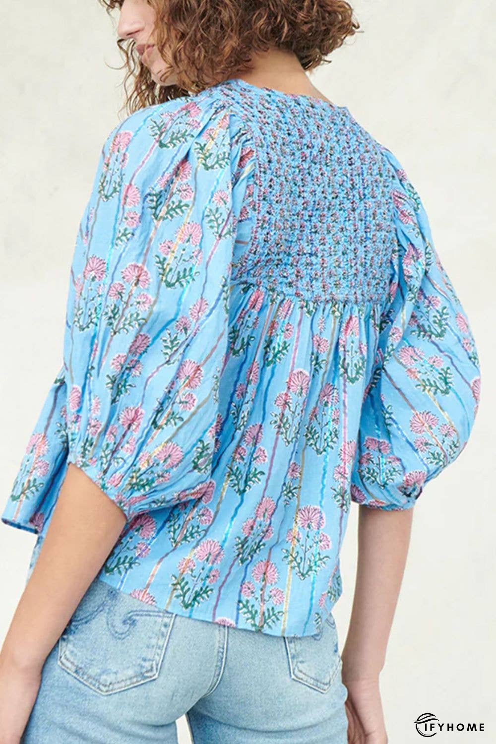 Smocked Floral Print Tie Neck Blouse | IFYHOME