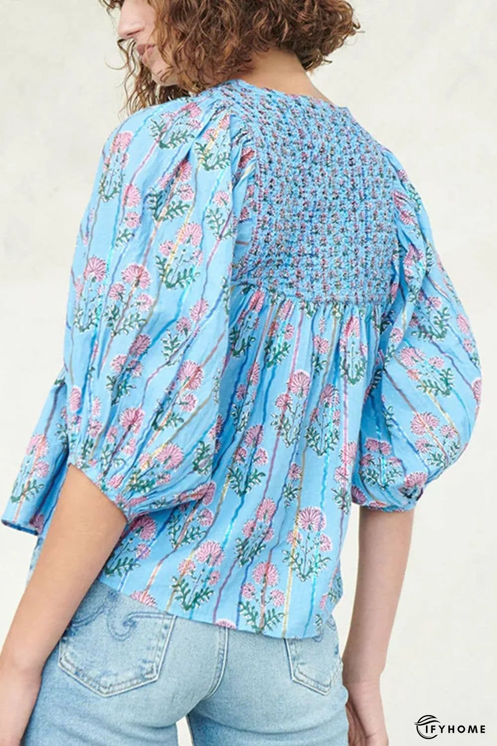 Smocked Floral Print Tie Neck Blouse | IFYHOME