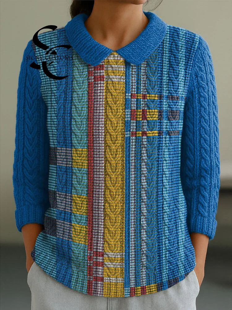 Women's Blue Geometric Color Splicing Casual Peter Pan Collar 3/4 Sleeve Sweater