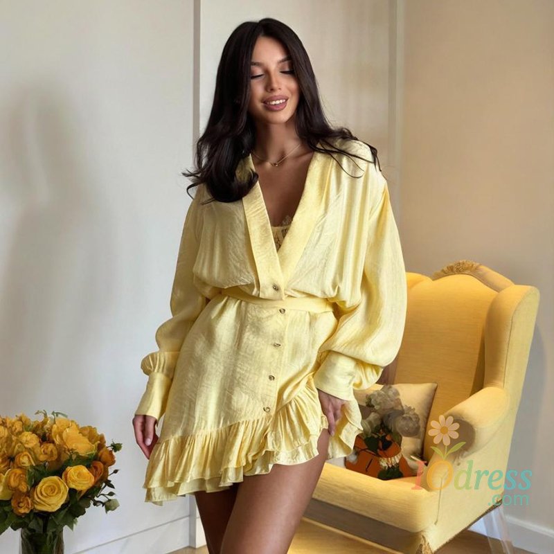 IO Dress Tornova Fashion Ruffled Shirt Dress Women's Deep V Neck Loose Lantern Sleeve Mini Dress Irregular Loose Summer Vacation Outfits