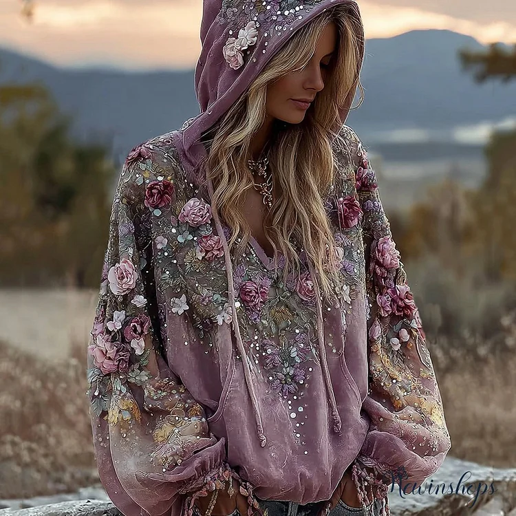 Women's Vintage Boho Pink Rose Embroidered Sequin Hoodie