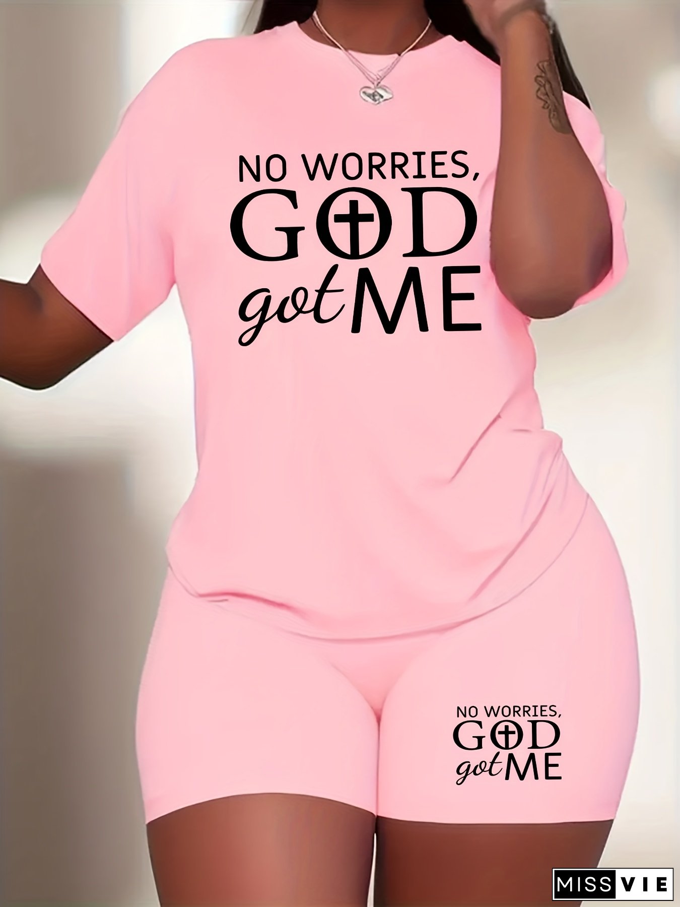 [Plus Size 2-Piece Set] Plus Size Women's Casual Two-Piece Set | 9600wn13 European And American Round Neck Short Sleeve Shorts Letter Print