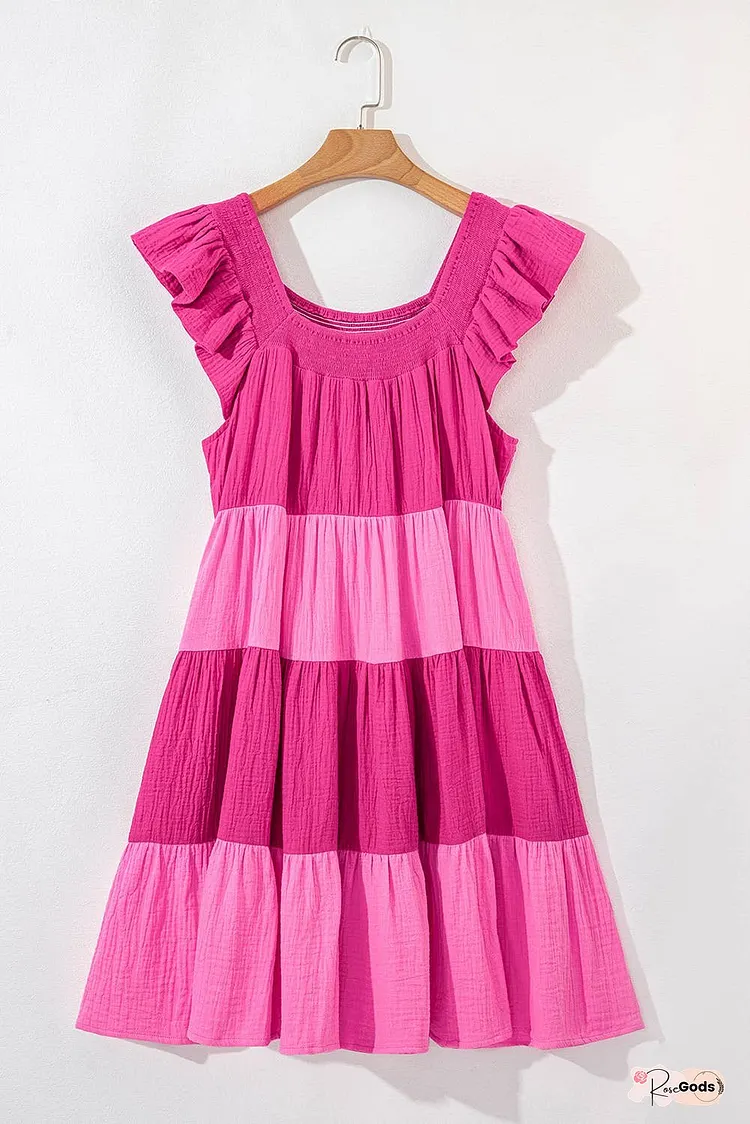 Crinkled Colorblock Patchwork Flutter Tiered Mini Dress