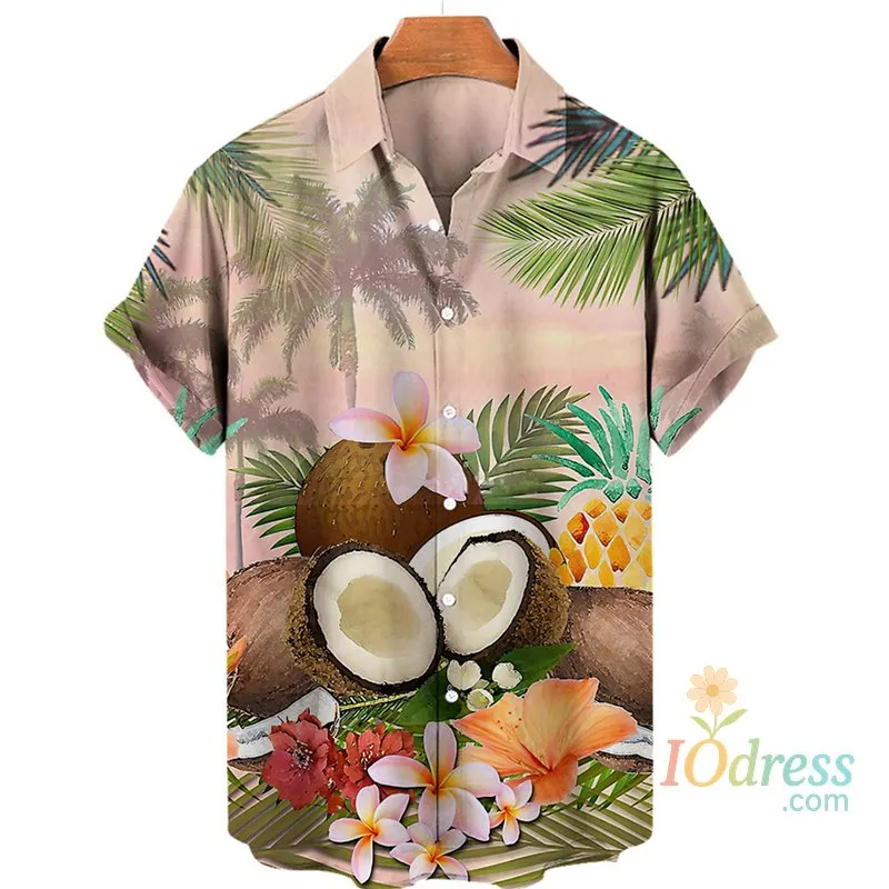 IO Menswear Tropical Palm 3d Print Hawaiian Shirt For Men Summer Beach Street Short Sleeves Tops Harajuku Holiday Lapel Button Loose Blouse