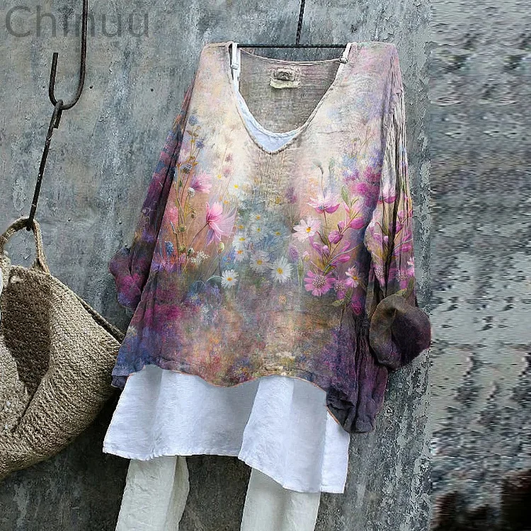 Vintage Artistic Flowers Cotton Linen V Neck Casual Shirt