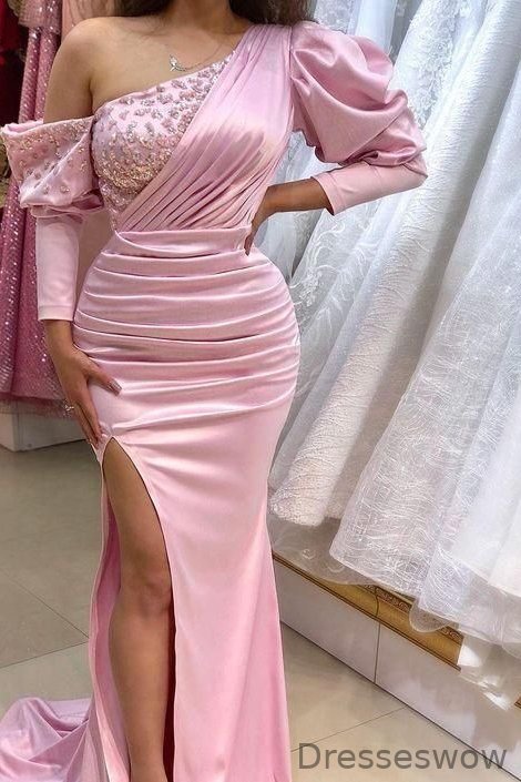 Dresseswow Pink Long Sleeves Prom Dress Split With Beads