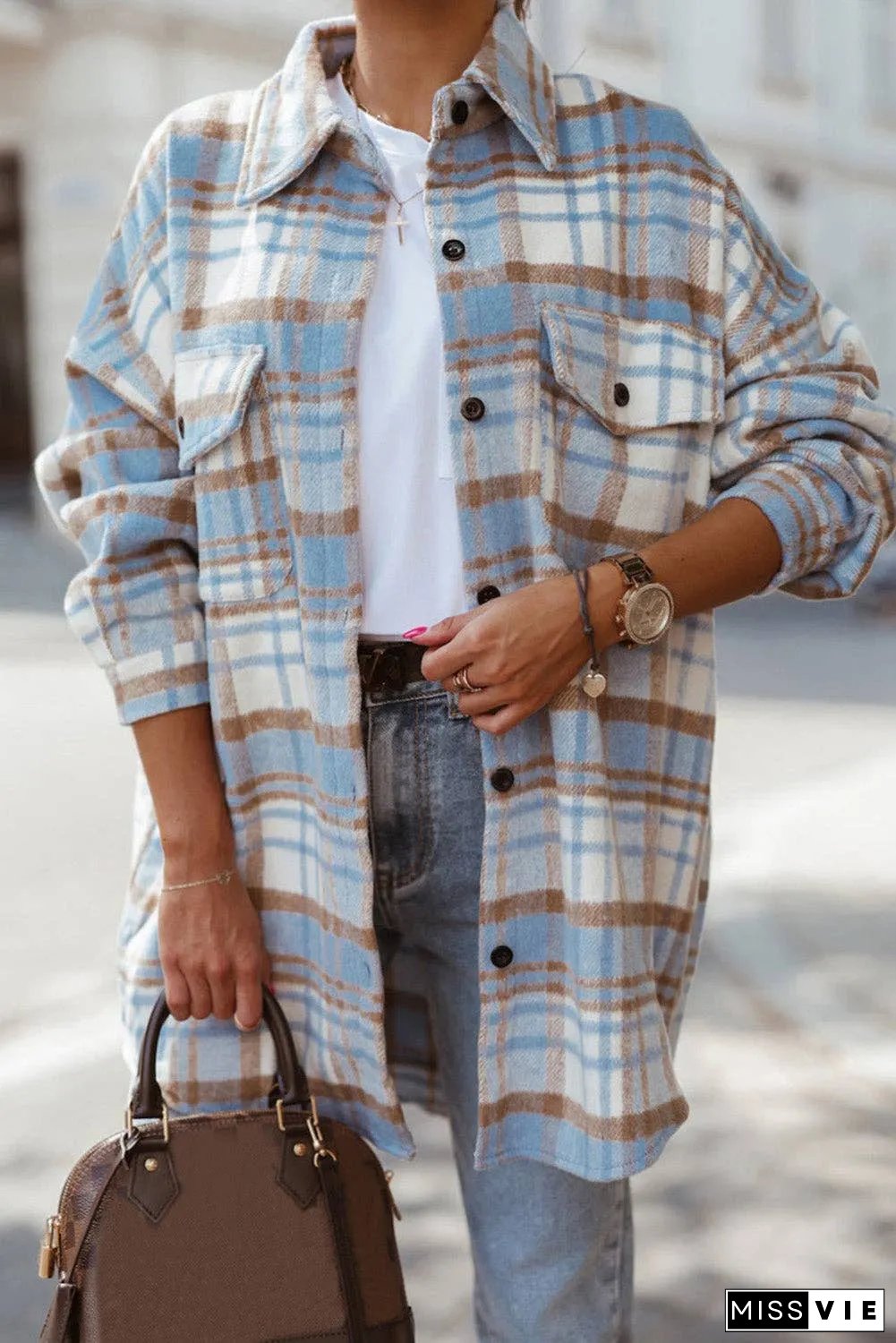 Plaid Flap Pocket Buttoned Shacket