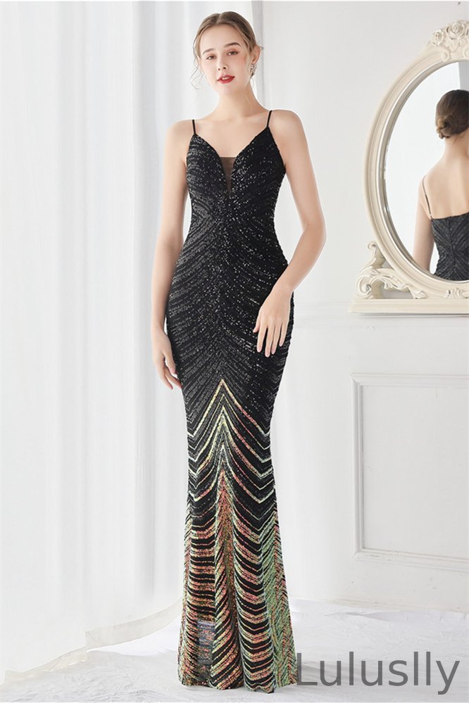 Luluslly Spaghetti-Straps Sequins Evening Gowns Mermaid Sleeveless YE0090