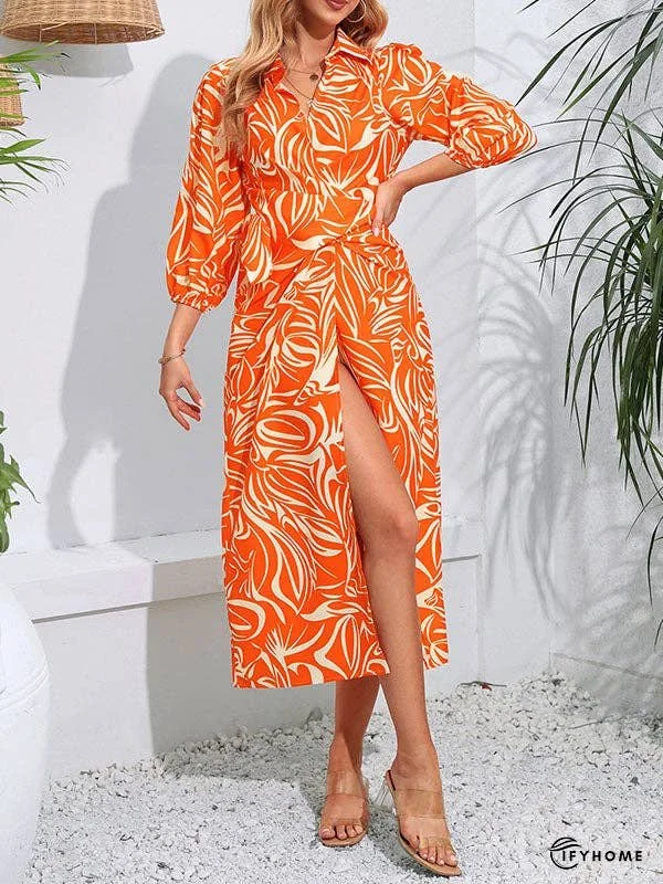 A-Line High Waisted Elasticity Printed Tied Waist Lapel Midi Dresses Shirt Dress | IFYHOME