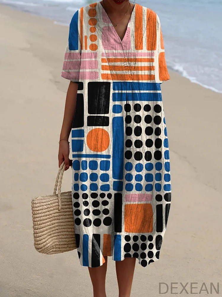 Women's Vintage Abstract Geometric Pattern Art Print Flowy Dress