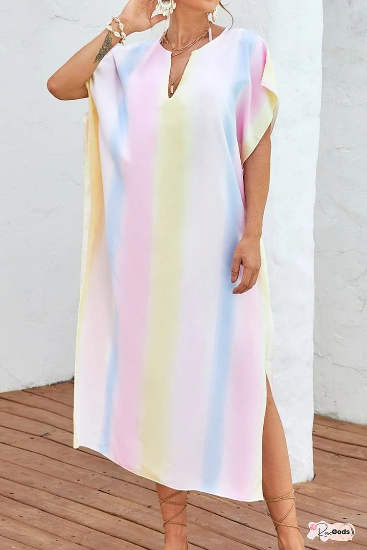 Slit Striped Notched Short Sleeve Cover Up