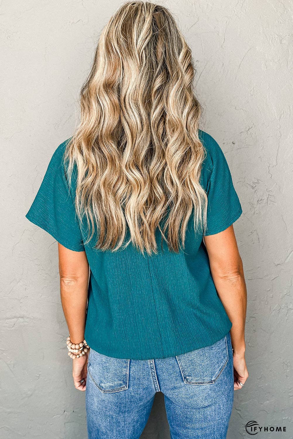 Bright Pink Basic Plain Textured V Neck Blouse | IFYHOME