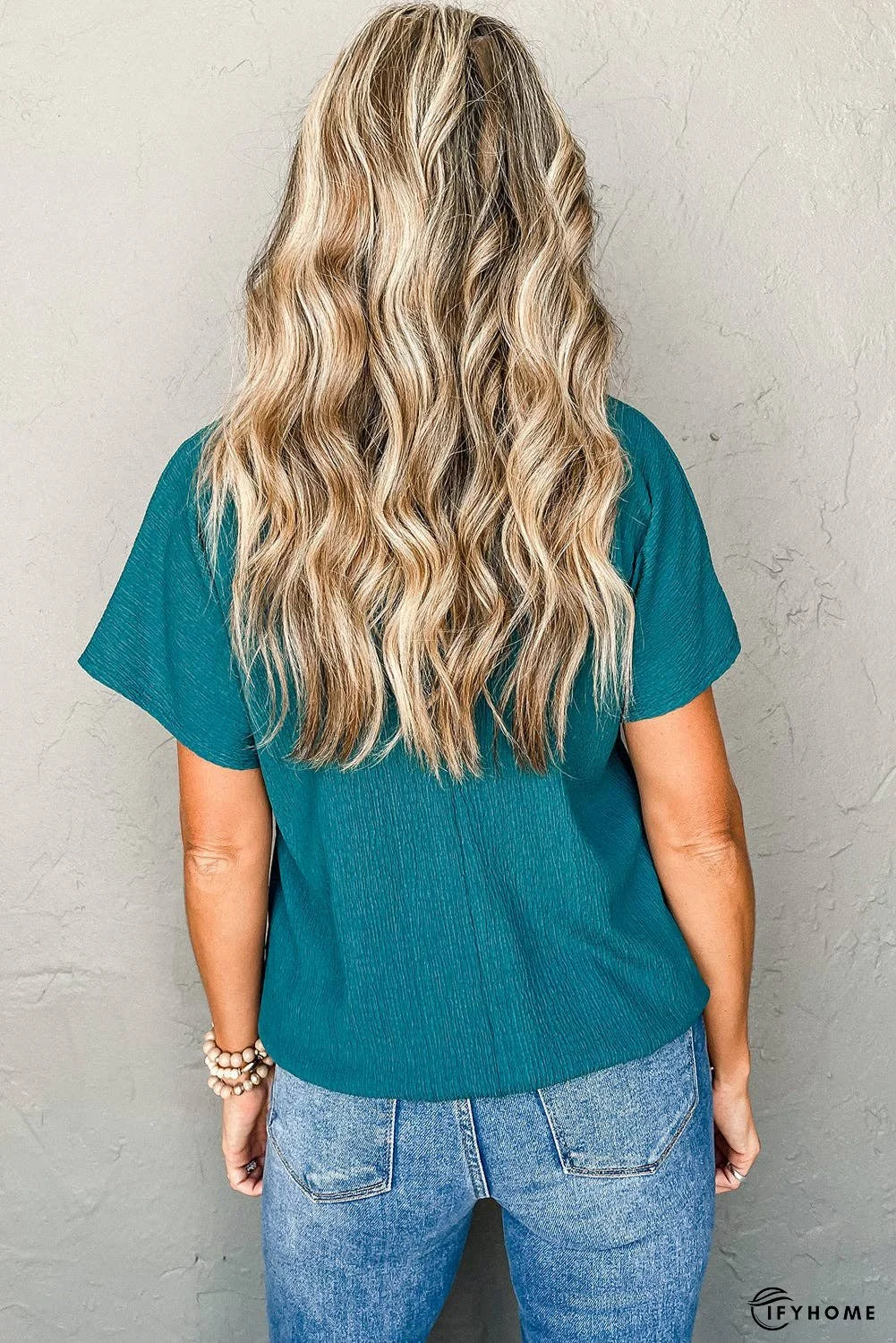 Bright Pink Basic Plain Textured V Neck Blouse | IFYHOME