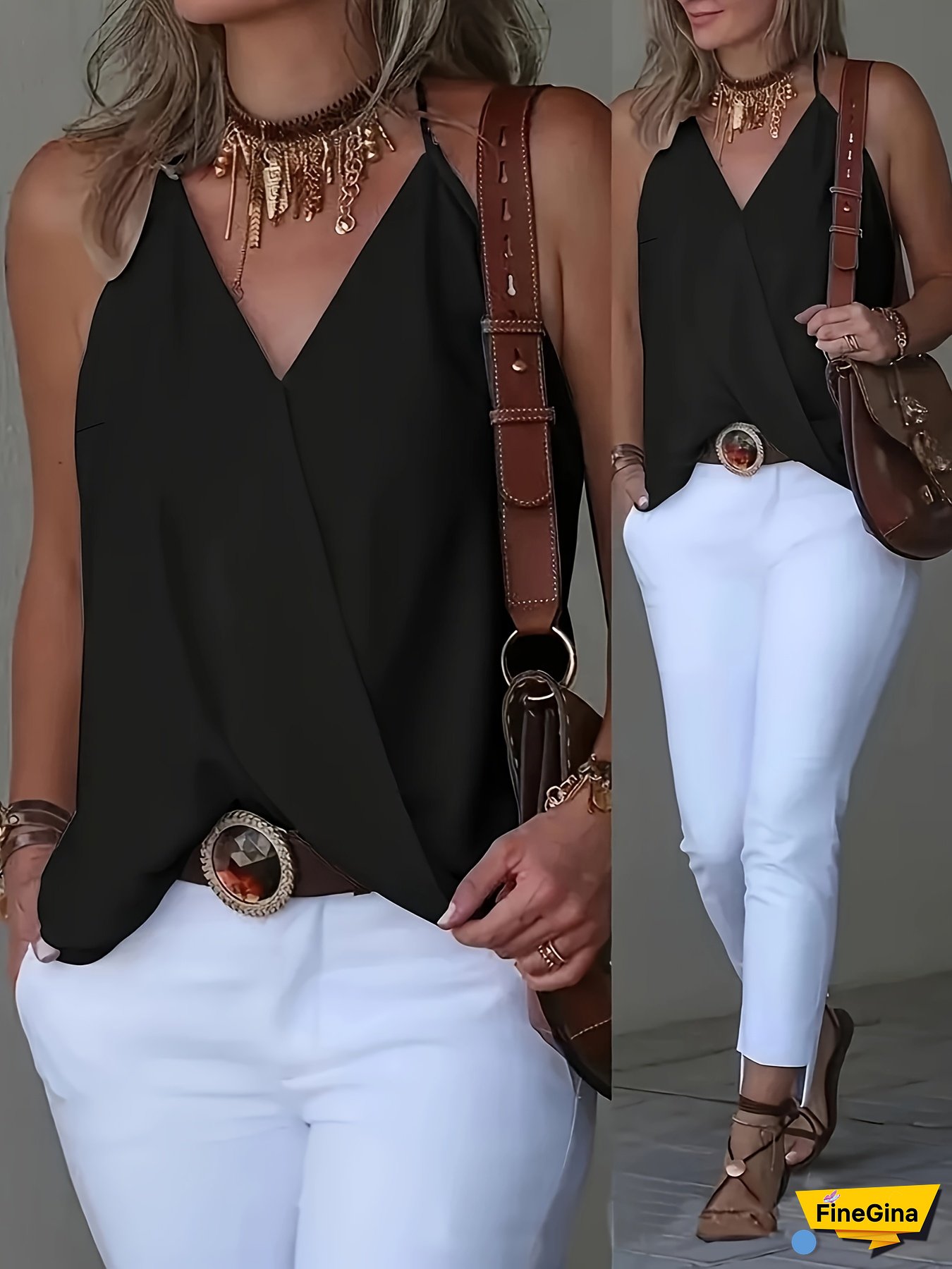 Women's Sleeveless Split V-Neck Cross Front Tank Top - Solid Color Black Elegant Summer Top, Machine Washable Non-Stretch Fabric, Versatile Casual to Formal Wear, Ladies Tank Tops, Evening Wear, Nontransparent Fabric