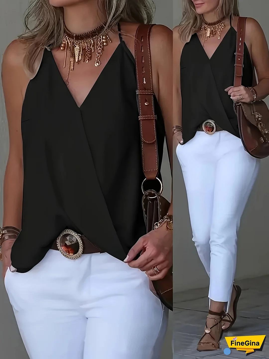 Women's Sleeveless Split V-Neck Cross Front Tank Top - Solid Color Black Elegant Summer Top, Machine Washable Non-Stretch Fabric, Versatile Casual to Formal Wear, Ladies Tank Tops, Evening Wear, Nontransparent Fabric