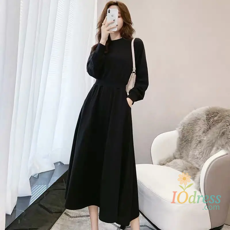 IO Dress New Arrival Autumn/Winter Korean Style Long Sleeve Fitted Waist Sweatshirt Women's Clothing Fashionable Elegant Round Neck Dress