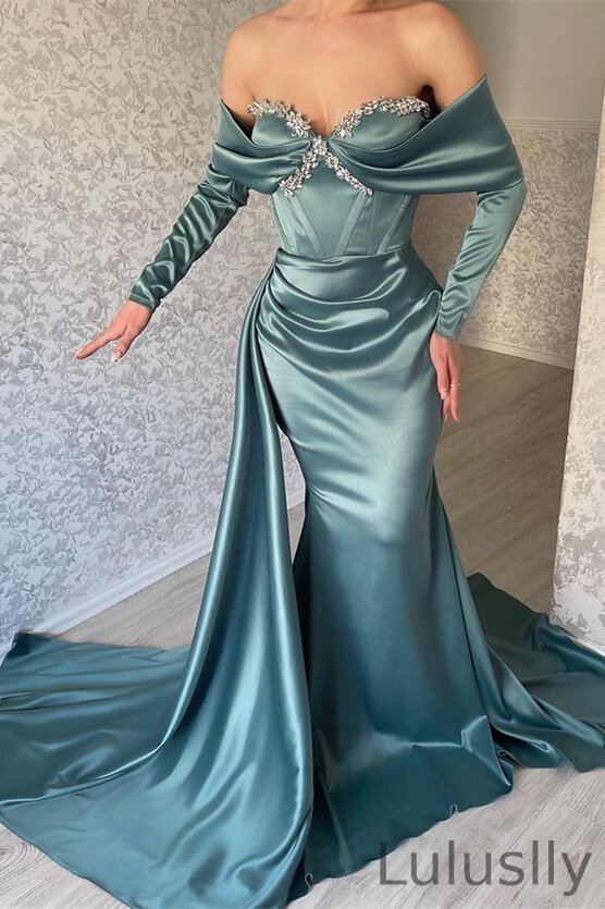 Luluslly Long Sleeves Off-the-Shoulder Prom Dress Mermaid Ruffles With Beads