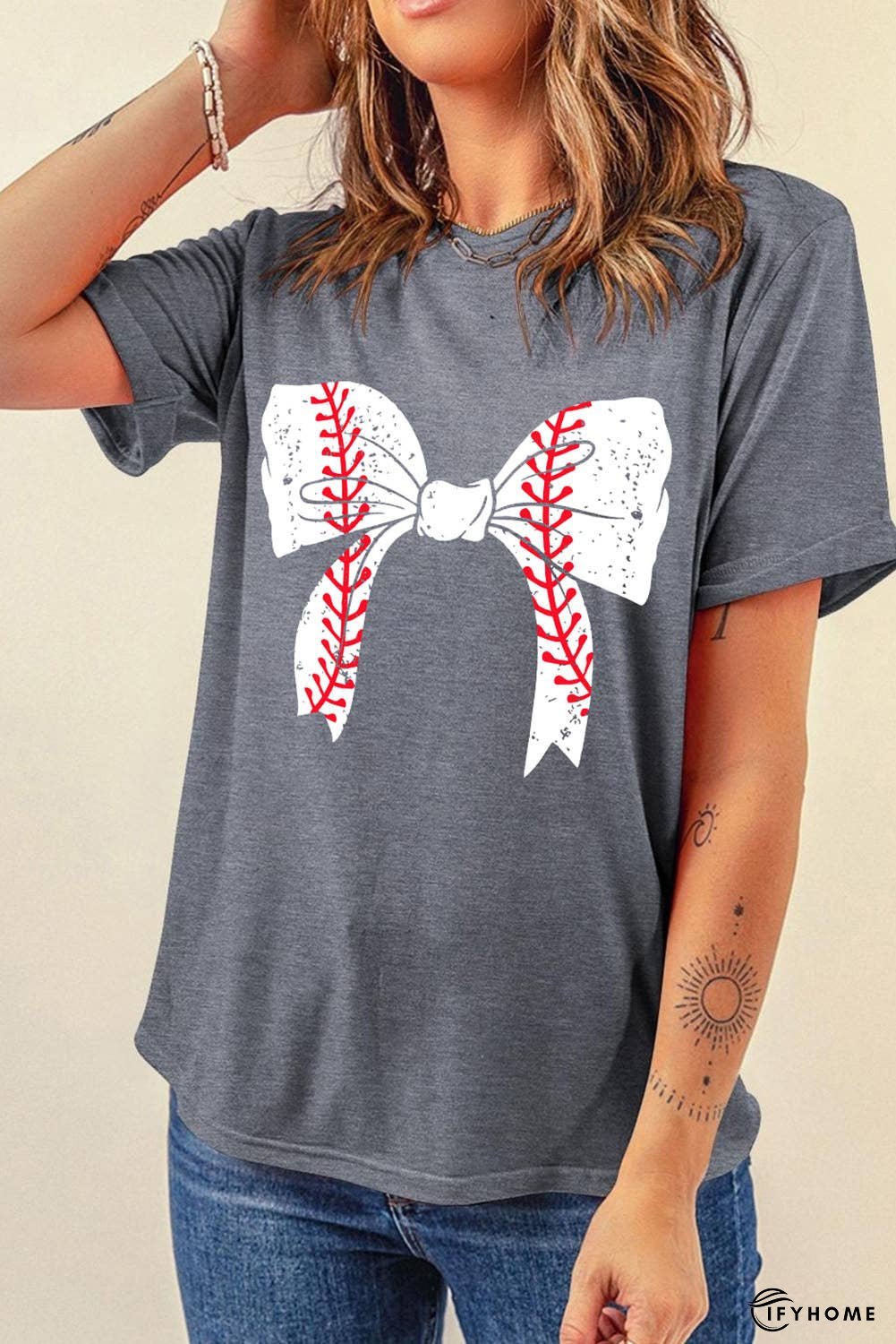 Black Baseball Bowknot Graphic Roll Up Sleeve Tee | IFYHOME