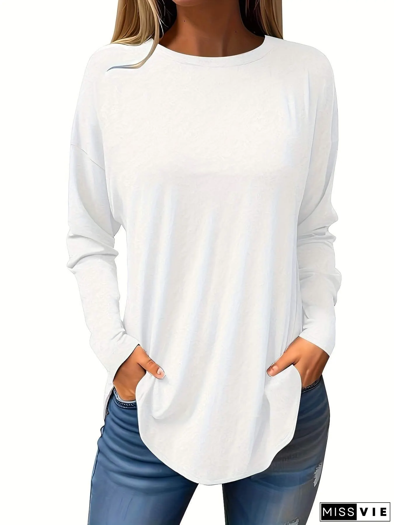 Womens Soft Breathable Long-Sleeve Crewneck T-Shirt Loose Fit Everyday Basic Top Machine