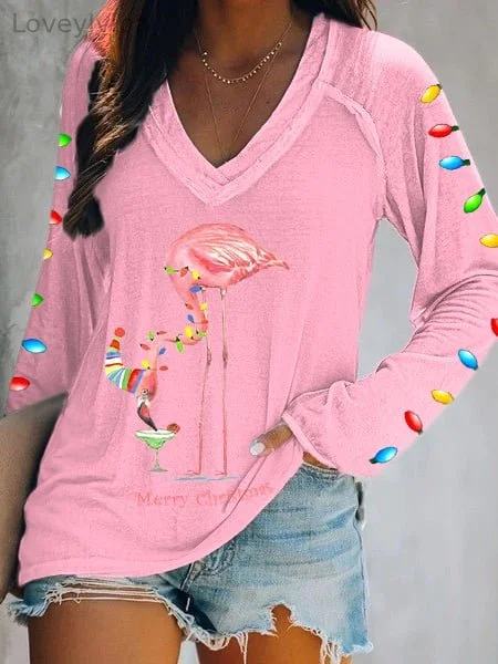 Women's Merry Christmas Christmas   Flamingo Happy Holiday Fun Print Double V-Neck Long Sleeve T-Shirt