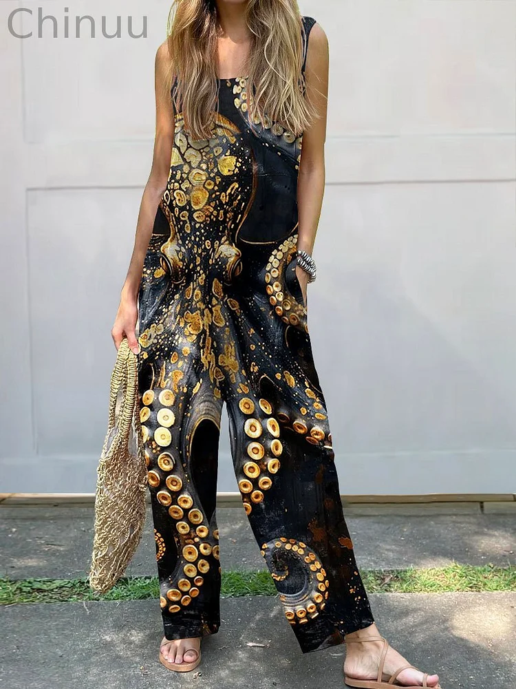 Women's Vintage Octopus Art Print Casual 100% Cotton Wide Leg Jumpsuit