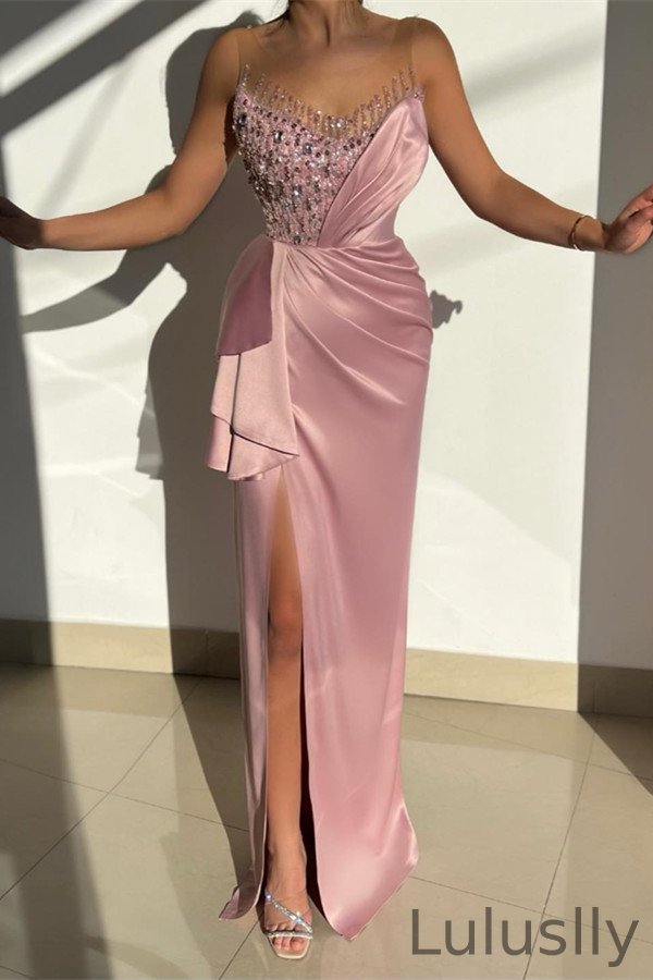 Luluslly Pink Sleeveless Scoop Mermaid Prom Dress Beads With Split
