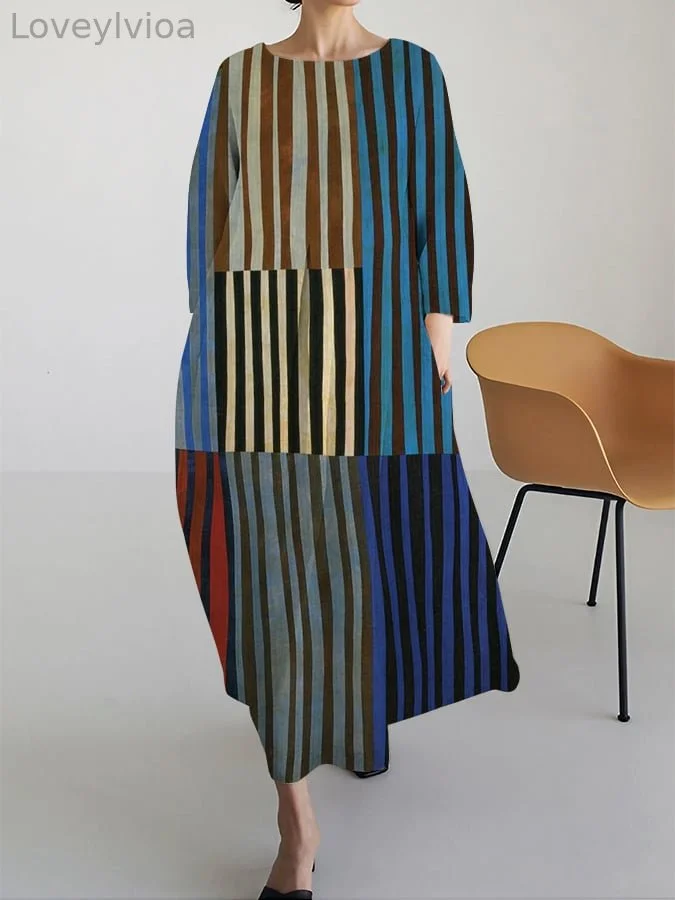 Ladies Artistic Striped Patchwork Design Casual Loose Dress