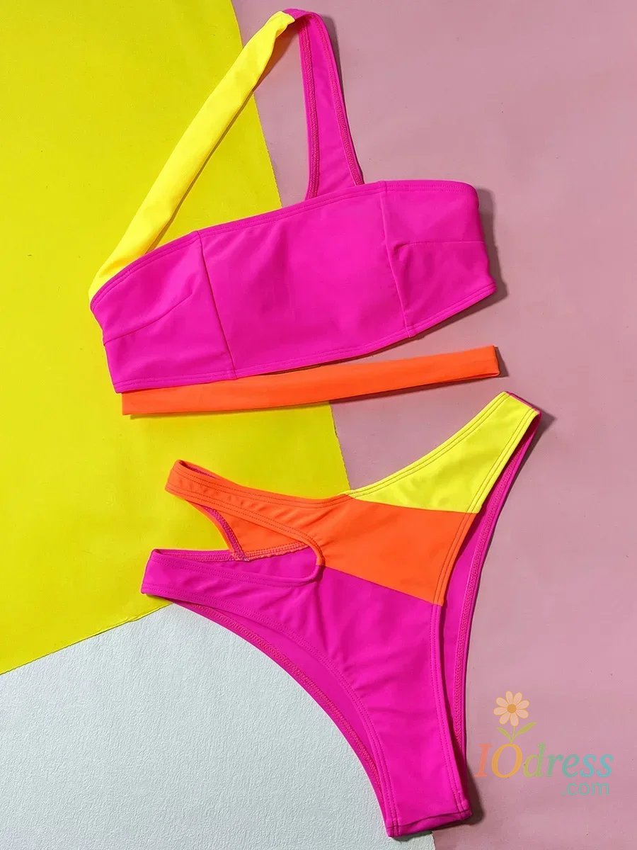 IO Dress Splicing Asymmetric One Shoulder Bikini Female Bandeau Swimsuit Women Swimwear Two-pieces Bikini Set Bather Bathing Suit Swim