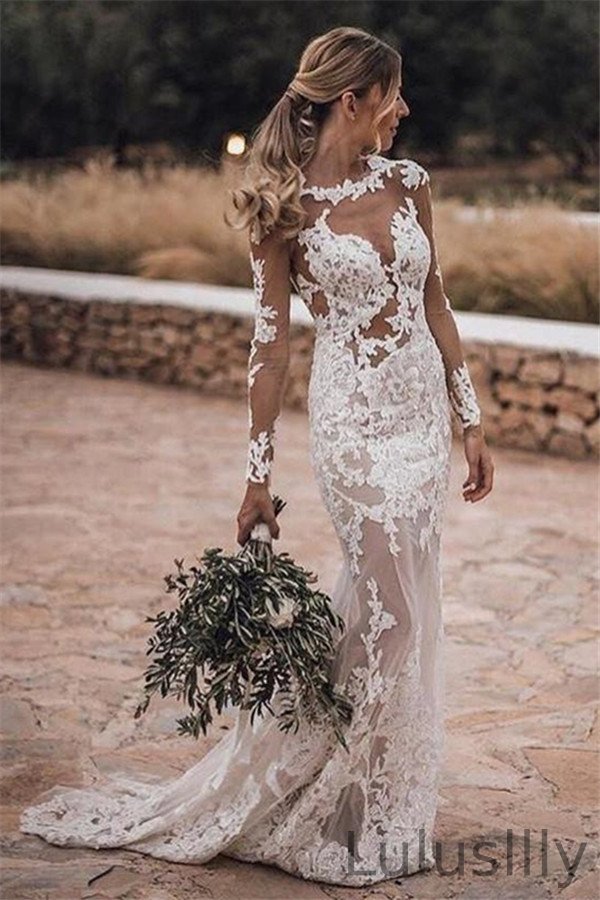 Romantic Long Sleeves Mermaid Lace Wedding Dress - lulusllly