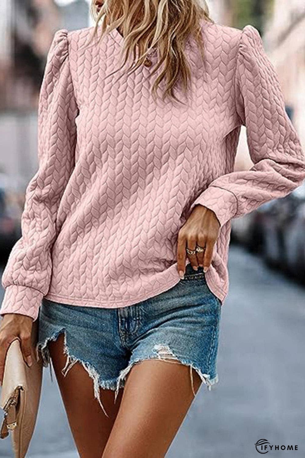 Rosy Waffle Quilted Puff Sleeve Sweatshirt | IFYHOME