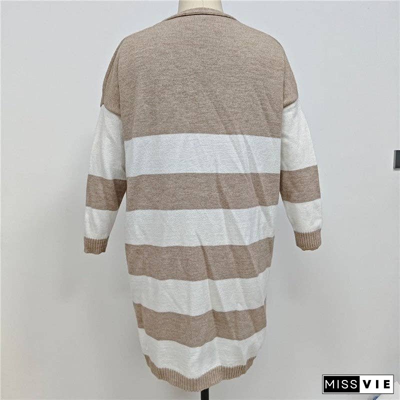 Loose-Fitting Color Block Long Knit Cardigan Sweater