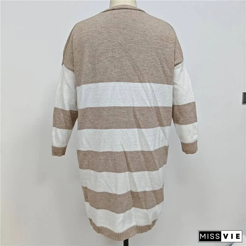 Loose-Fitting Color Block Long Knit Cardigan Sweater