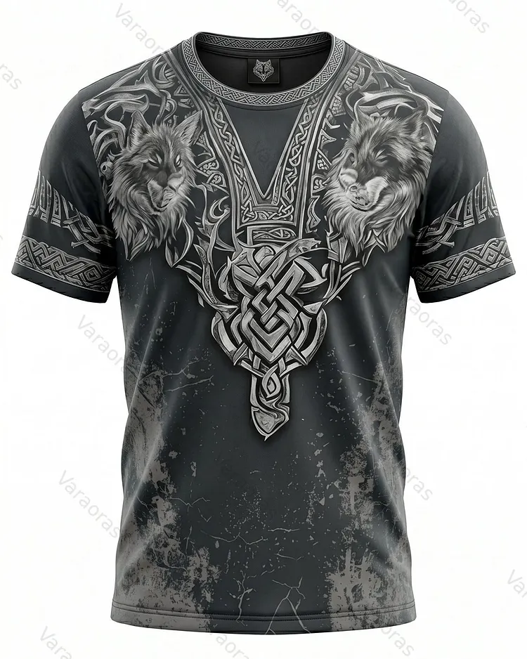 Men's Fashionable Viking Contrast Color Wolf Print T-shirt 6979
