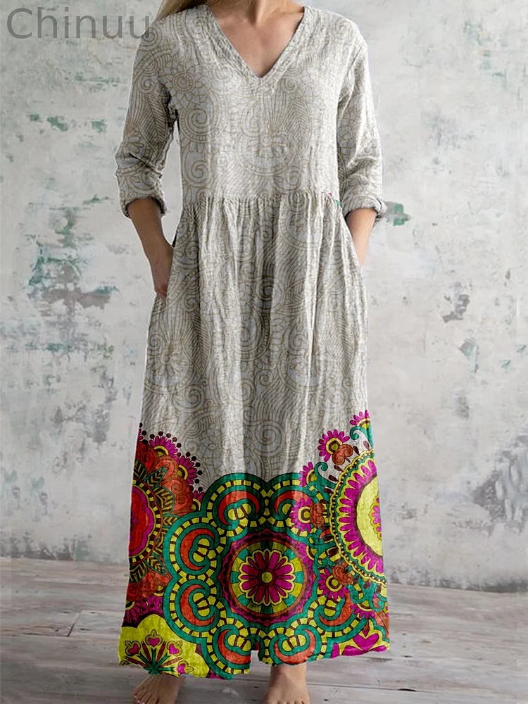 Women's Bohemian Mandala Pattern Cotton and Linen Dress with Pockets