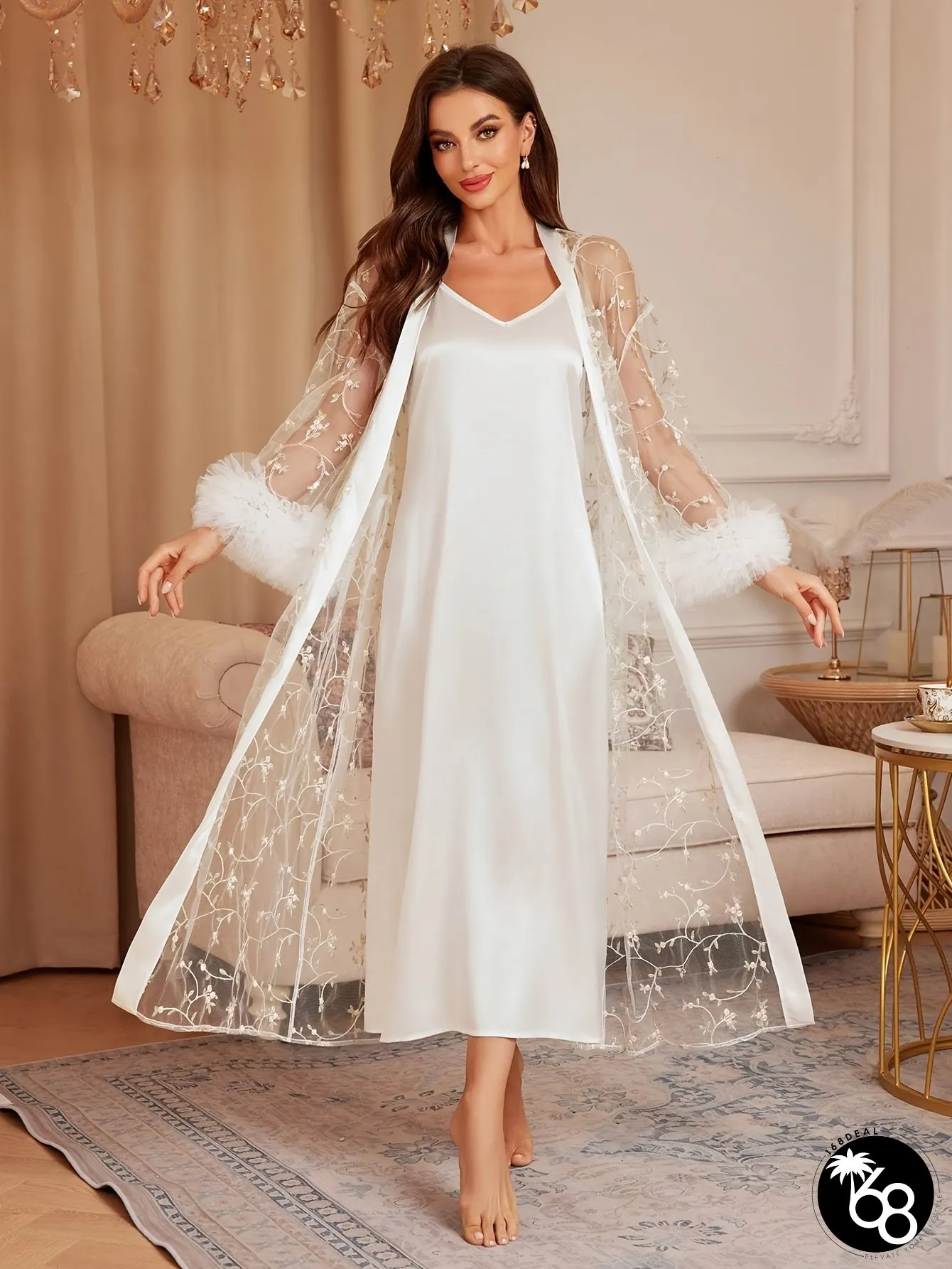 Womens Home Sleepwear Bridesmaid Evening Gown Set Imitation Ice Silky Cool Suspender Mesh | 168DEAL